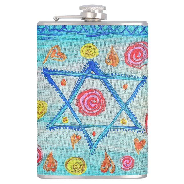Whimsical Israeli flag with flowers & hearts Hip Flask (Front)