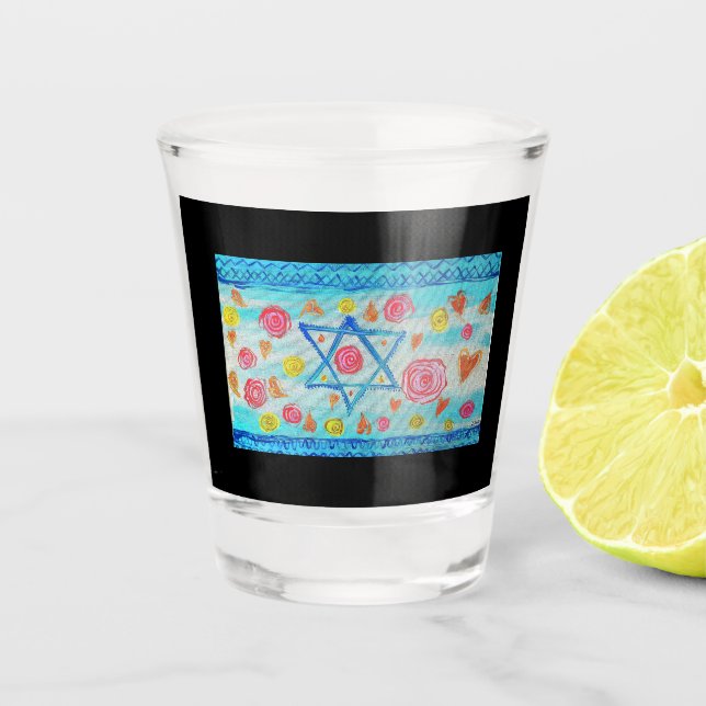 Whimsical Israeli flag with flowers & hearts Shot Glass (Front)