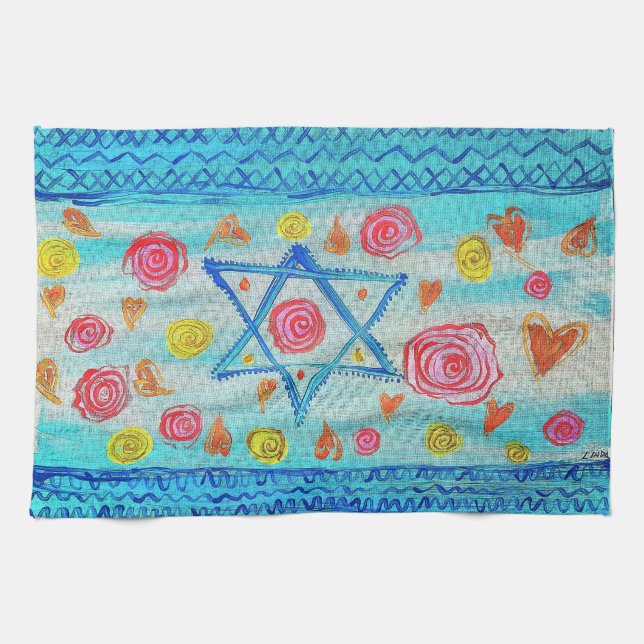 Whimsical Israeli flag with flowers & hearts Tea Towel (Horizontal)