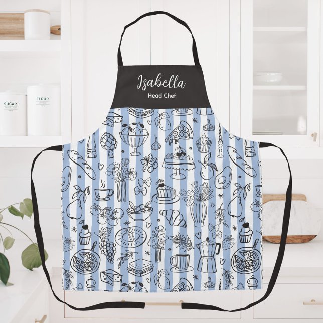 Whimsical Italian Food Illustration Blue Stripes Apron (In situ)