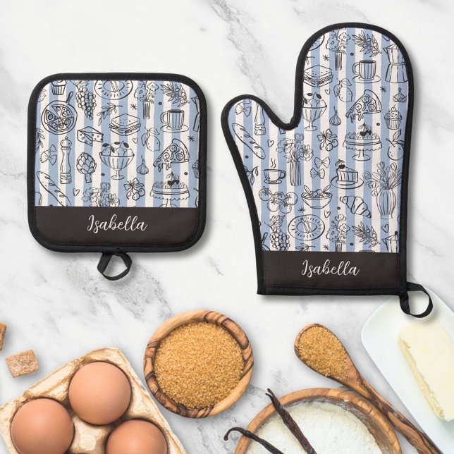 Whimsical Italian Food Illustration Blue Stripes Oven Mitt & Pot Holder Set (In situ)