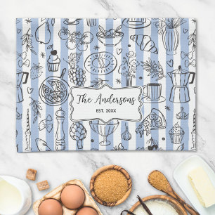 Whimsical Italian Food Illustration Blue Stripes Tea Towel
