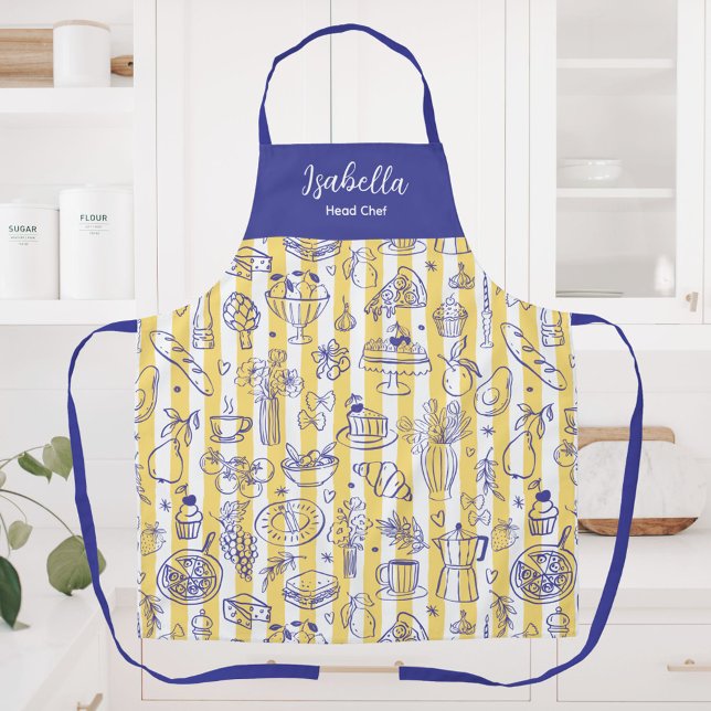 Whimsical Italian Food Illustration Yellow Stripes Apron (In situ)
