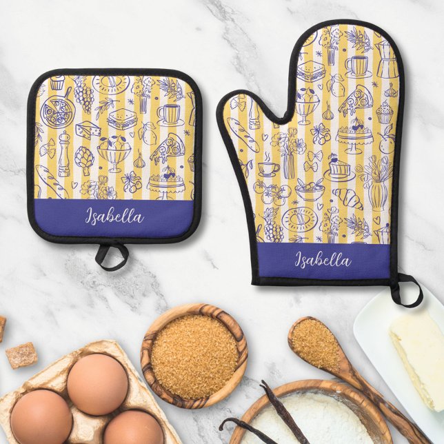 Whimsical Italian Food Illustration Yellow Stripes Oven Mitt & Pot Holder Set (In situ)