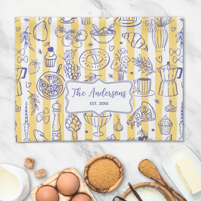 Whimsical Italian Food Illustration Yellow Stripes Tea Towel (In situ)