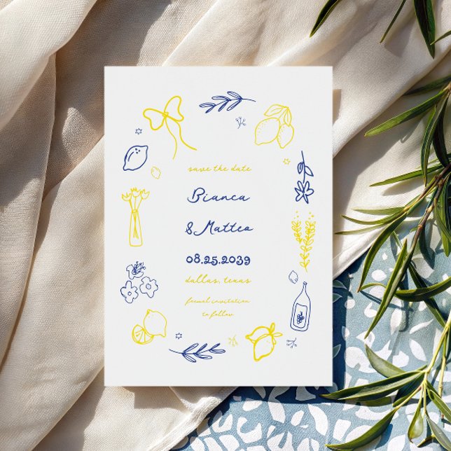 Whimsical Italian Hand Drawn Lemons Frame Wedding Save The Date (Creator Uploaded)