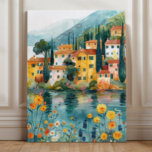 Whimsical Italian Lakeside Village Art Canvas Print