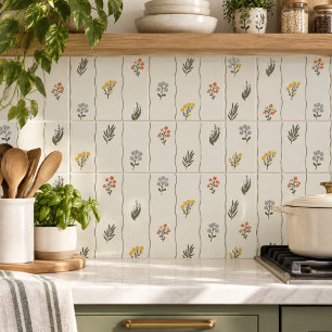 Whimsical Ivory Wildflower Floral Wavy Stripe Ceramic Tile