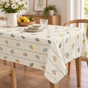 Whimsical Ivory Wildflower Floral Wavy Stripe  Tablecloth