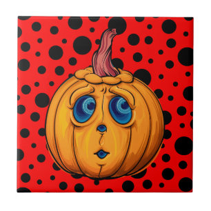 Whimsical Jack-o'-Lantern on Red & Black Polka Dot Ceramic Tile
