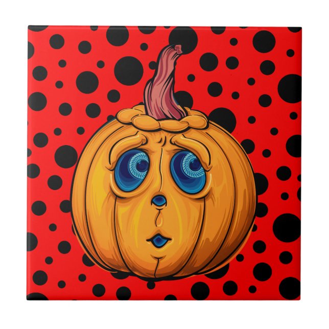 Whimsical Jack-o'-Lantern on Red & Black Polka Dot Ceramic Tile (Front)