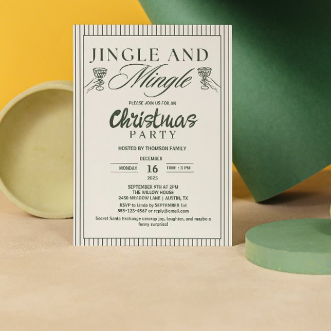 Whimsical Jingle and Mingle Christmas Party Invitation (jingle and mingle christmas invitations exchange christmas cocktail party script trendy greenery)