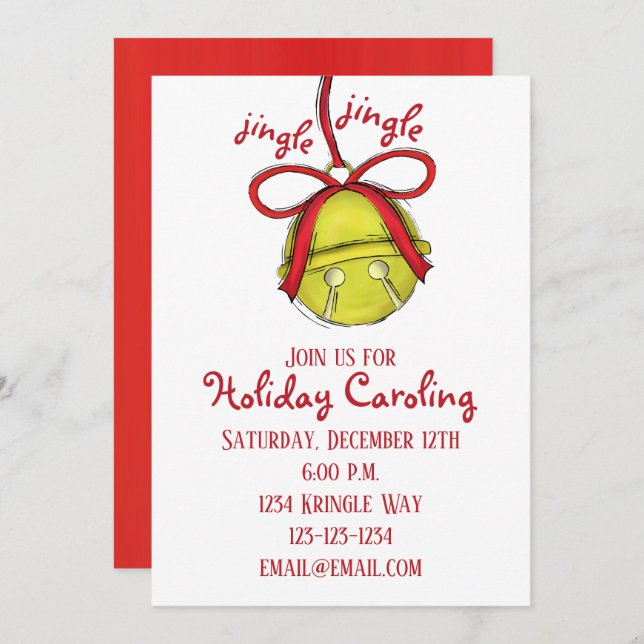 Whimsical Jingle Bells Simple Cute Holiday Party Invitation (Front/Back)