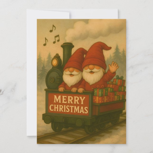 Whimsical Jolly Gnomes Musical Express Holiday Card (Front)