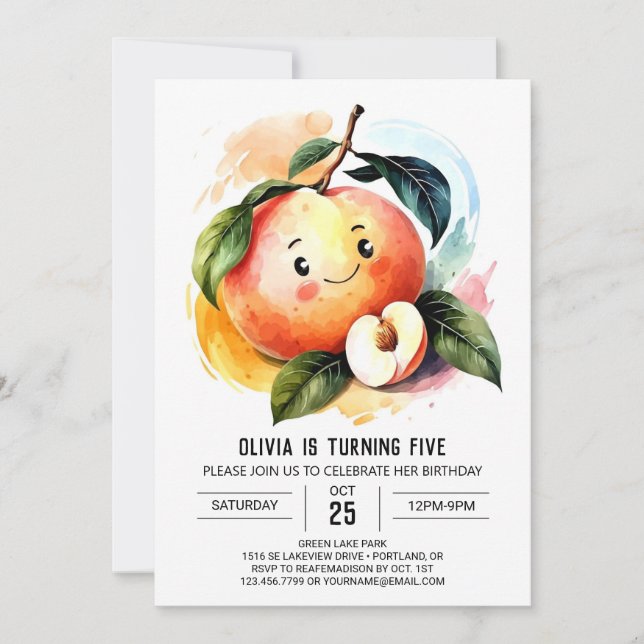 Whimsical Juicy Fruit Peach Birthday Invitation (Front)