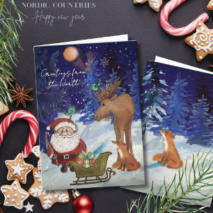 Whimsical Julenisse,Nordic Moose & Fox Winter  Holiday Card