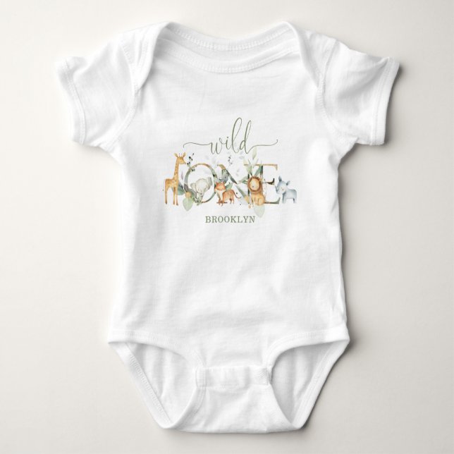 Whimsical Jungle Animals Wild One 1st Birthday Baby Bodysuit (Front)
