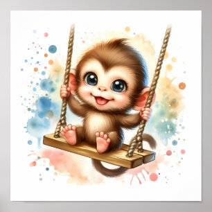 Whimsical Jungle Baby Monkey Nursery Watercolor  Poster