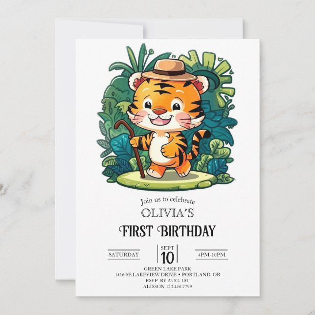 Whimsical Jungle Tiger 1st Birthday Digital Invitation (Front)