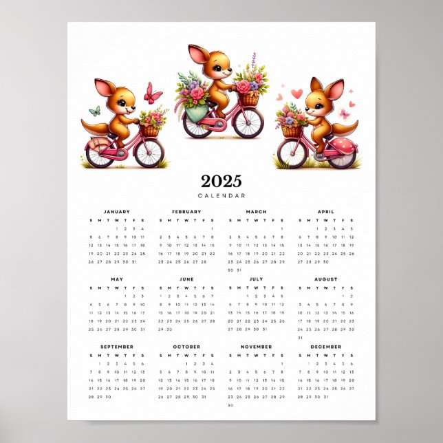 Whimsical Kangaroos on Bicycles 2025 Wall Calendar Poster (Front)