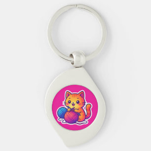 Whimsical Kawaii Cat Knitting Scene with Oversized Key Ring