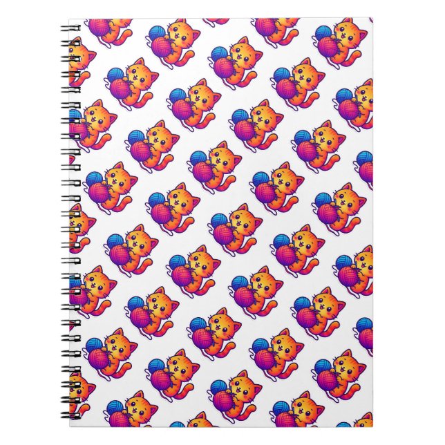 Whimsical Kawaii Cat Knitting Scene with Oversized Notebook (Front)