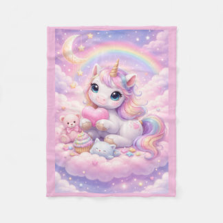 Whimsical Kawaii Pastel Unicorn & Friends On Cloud Fleece Blanket