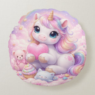 Whimsical Kawaii Unicorn & Friends Pastel Cloud Round Cushion