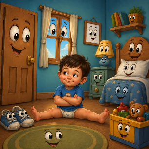 Whimsical Kids Bedroom Art – Boy & Smiling Objects Poster