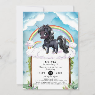 Whimsical Kids Black Unicorn Birthday Invitation