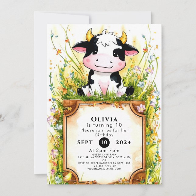 Whimsical Kids Cow Birthday Invitation (Front)