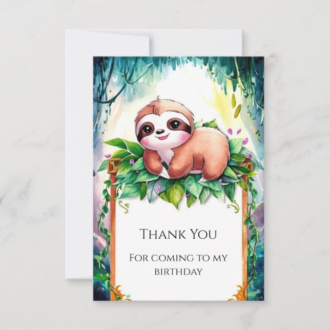 Whimsical Kids Sloth Birthday Thank You Card (Front)