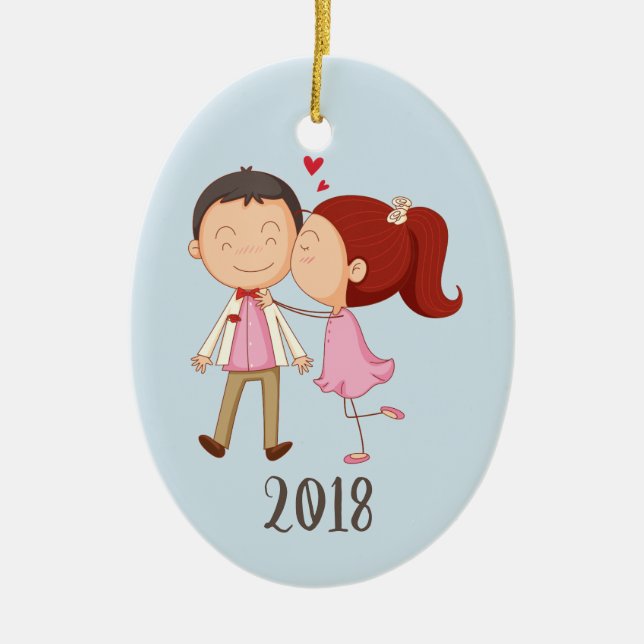 Whimsical Kissing Couple Keepsake Year Ceramic Ornament (Front)
