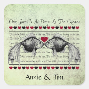 Whimsical Kissing Fish Valentine Custom Names Square Sticker