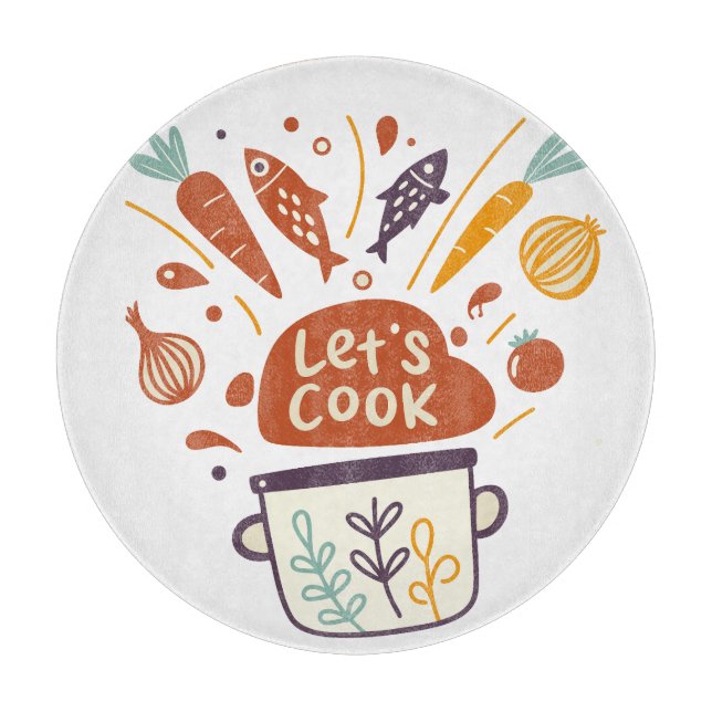 Whimsical Kitchen Scene with “Let’s Cook” Text –  Cutting Board (Front)