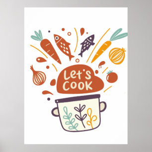 Whimsical Kitchen Scene with “Let’s Cook” Text – Poster