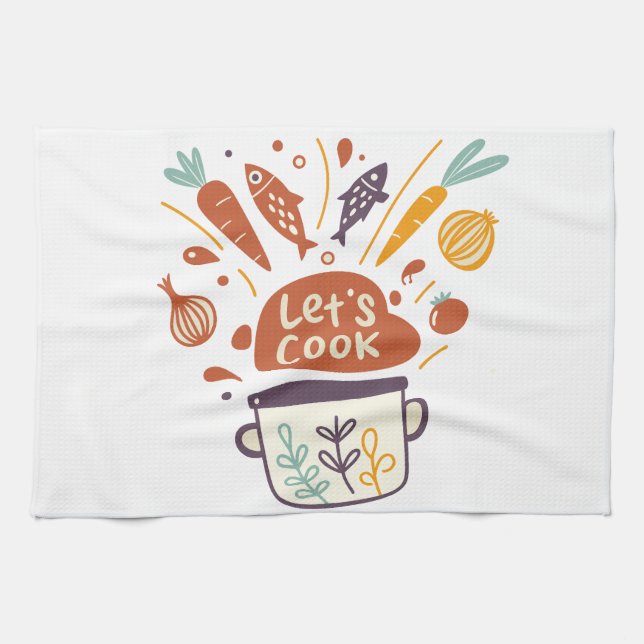 Whimsical Kitchen Scene with “Let’s Cook” Text –  Tea Towel (Horizontal)