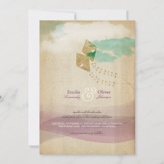Whimsical Kites Summer Clouds Watercolor Wedding Invitation
