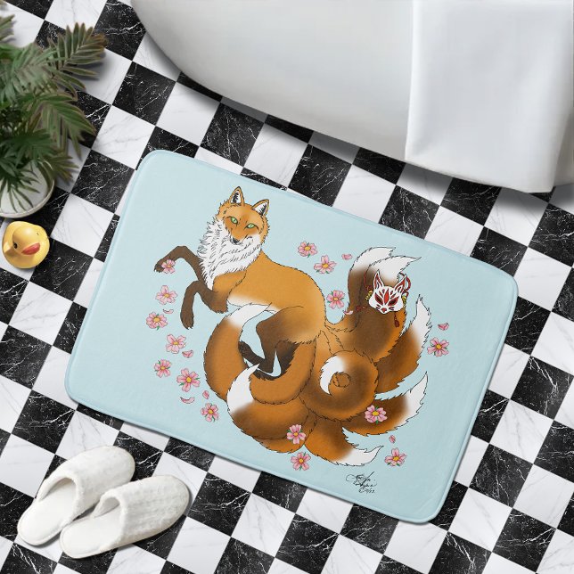 Whimsical Kitsune Fox Blue Cherry Blossoms Fantasy Bath Mat (Creator Uploaded)