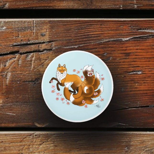Whimsical Kitsune Fox Blue Cherry Blossoms Fantasy Ceramic Knob (Creator Uploaded)