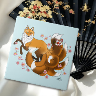 Whimsical Kitsune Fox Blue Cherry Blossoms Fantasy Ceramic Tile
