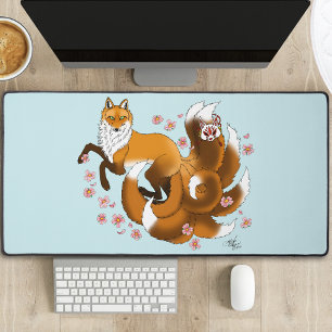 Whimsical Kitsune Fox Blue Cherry Blossoms Fantasy Desk Mat