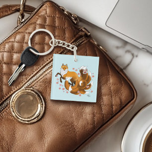 Whimsical Kitsune Fox Blue Cherry Blossoms Fantasy Key Ring