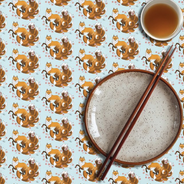 Whimsical Kitsune Fox Blue Cherry Blossoms Fantasy Tablecloth (Creator Uploaded)