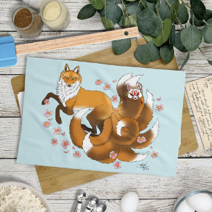 Whimsical Kitsune Fox Blue Cherry Blossoms Fantasy Tea Towel