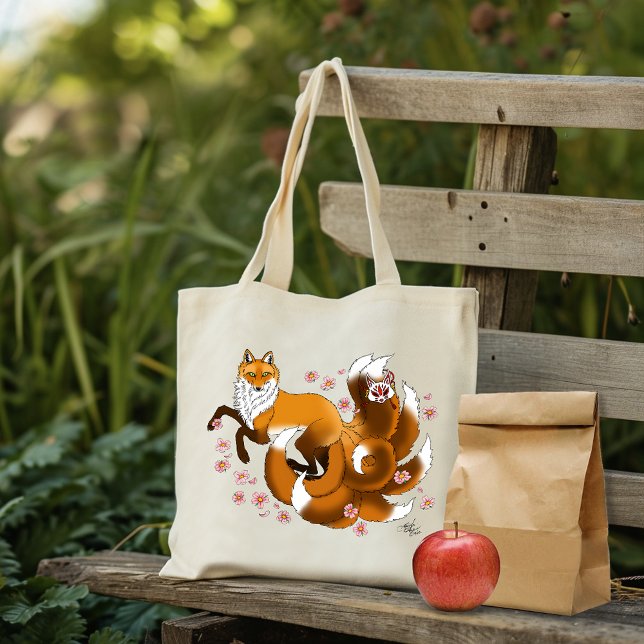 Whimsical Kitsune Fox Blue Cherry Blossoms Fantasy Tote Bag (Creator Uploaded)