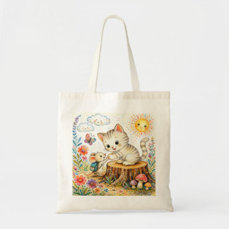 Whimsical Kitten and Mouse Friendship Watercolor Tote Bag
