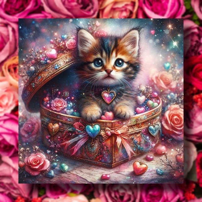 Whimsical Kitten Candy Hearts Glitter Valentine  Holiday Card (Creator Uploaded)