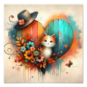 Whimsical Kitten in Teal and Burnt Orange Floral Photo Print