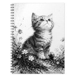 Whimsical Kitten in Wildflowers – Black and White Notebook